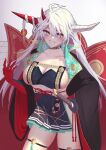  1girl absurdres akashiro_yulice armor asymmetrical_clothes asymmetrical_horns azur_lane braid breasts cowboy_shot dress fangs gloves hair_between_eyes hair_on_horn hakuryuu_(azur_lane) highres horns japanese_armor katana large_breasts long_hair long_sleeves looking_at_viewer multiple_horns ootachi pleated_dress red_gloves red_horns sash sheath sheathed simple_background single_braid smile solo standing suneate sword teeth thigh_strap weapon white_background white_eyes white_horns white_sash wide_sleeves 