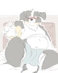  2022 anthro bed belly bernese_mountain_dog black_body black_nose blush brown_body bulge canid canine canis clothing domestic_dog fugashi4090 furniture humanoid_hands kemono male mammal molosser mountain_dog overweight overweight_male shirt sitting solo swiss_mountain_dog topwear underwear white_body 