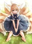  1girl absurdres animal_ear_fluff animal_ears arknights bangs barefoot between_legs blonde_hair blue_bow blue_bowtie blue_dress blush bow bowtie closed_mouth dress fox_ears fox_girl fox_tail frilled_dress frills full_body grass hair_between_eyes hair_over_shoulder hand_between_legs highres long_hair looking_at_viewer maid_headdress multiple_tails on_ground own_hands_together seijiikeuchi short_sleeves sitting soles solo suzuran_(arknights) tail toes yellow_eyes 