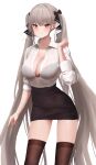  1girl absurdres alternate_costume azur_lane black_ribbon black_skirt bra_visible_through_clothes breasts brown_legwear cleavage formidable_(azur_lane) gadeung_hye grey_hair highres large_breasts long_hair looking_at_viewer miniskirt office_lady partially_unbuttoned pencil_skirt red_eyes ribbon see-through see-through_shirt shirt simple_background skirt solo standing thighhighs twintails two-tone_ribbon very_long_hair white_background white_ribbon white_shirt wing_collar zettai_ryouiki 