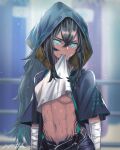  1girl arknights bandaged_arm bandages bandaid bandaid_on_face bangs black_hair blurry blurry_background breasts clothes_lift dark-skinned_female dark_skin flint_(arknights) green_eyes hair_between_eyes highres hood hood_up lifted_by_self long_hair looking_at_viewer memetaroh mouth_hold navel ponytail shiny shiny_hair shirt shirt_lift small_breasts solo underboob very_long_hair white_shirt 