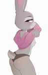  2022 anthro blush breasts butt clothed clothing disney eyelashes female hi_res hoodie judy_hopps kobradraws lagomorph leporid looking_at_viewer looking_back looking_back_at_viewer mammal nipples panties purple_eyes rabbit scut_tail short_tail simple_background solo topwear underwear undressing white_background zootopia 