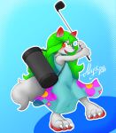  abstract_background alyrise anthro big_feet big_pawpads blush canid canine canis claws clothed clothing dipstick_ears dress feet female fur golf golf_bag golf_club golf_swing green_hair hair hi_res hybrid long_hair mammal multicolored_ears nintendo on_one_leg open_mouth open_smile pok&eacute;mon pok&eacute;mon_(species) ralts red_eyes sharp_teeth sleeveless_dress smile solo standing teeth toe_claws video_games white_body white_fur wolf young 