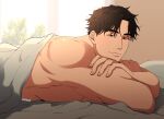  1boy balnom bara bed_sheet head_on_hand highres large_pectorals light_blush light_smile lying male_focus muscular muscular_male naked_sheet nude on_bed on_stomach original pectorals short_hair smile solo sunlight thick_eyebrows 