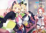  3girls animal_ears aqua_bow black_legwear blonde_hair blue_archive blue_eyes bow cat_ears cat_tail chips eating fake_animal_ears food green_eyes hair_bow holding holding_food holding_pocky indoors licking_lips long_sleeves looking_at_another mechanical_halo medium_hair midori_(blue_archive) momoi_(blue_archive) multiple_girls official_art pillow pink_bow pink_eyes pocky red_hair short_hair sitting smile tail tongue tongue_out very_short_hair yetti yuzu_(blue_archive) 