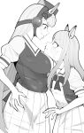  2girls absurdres animal_ears blush breast_envy breasts gold_ship_(umamusume) greyscale hair_ribbon head_on_chest highres horse_ears horse_girl horse_tail large_breasts looking_at_another mejiro_mcqueen_(umamusume) monochrome multiple_girls pillbox_hat ribbon sweatdrop tail tekito_nimo umamusume 