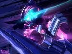  1boy 2021 arm_blade artist_name barcode blue_eyes clenched_hand dated dorsal_fin fins gloves glowing glowing_eyes highres joey_the_lazy kamen_rider kamen_rider_revi kamen_rider_revice male_focus megalodon megalodon_genome pink_armor pink_gloves profile shark shark_fin signature tokusatsu weapon 
