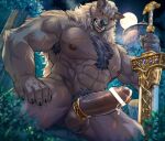  abs accessory anthro balls big_penis blaidd_(elden_ring) blush bodily_fluids body_hair canid canine canis chest_hair cock_ring cum detailed_background elden_ring erection foreskin fromsoftware full_moon genital_fluids genitals jewelry male mammal melee_weapon moon muscular muscular_anthro muscular_male nipples oaks16 pecs penis penis_accessory penis_jewelry scar solo sweat sword video_games warrior weapon wolf 