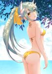  1girl aqua_hair arched_back ass bangs bare_arms bikini blue_sky cloud cowboy_shot eyebrows_visible_through_hair fate/grand_order fate_(series) from_side hair_between_eyes halterneck head_tilt highres horns kamekichi_(kamekiti) kiyohime_(fate) kiyohime_(swimsuit_lancer)_(fate) long_hair ocean open_mouth ponytail sky solo standing summer swimsuit very_long_hair yellow_bikini yellow_eyes 