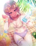  1girl absurdres anklet armpits ass_visible_through_thighs ball bare_shoulders beach beach_towel beachball belly bikini blush boku_no_hero_academia bottle bracelet breasts cellphone cleavage collar collarbone eyewear_on_head glasses groin highres jewelry jirou_kyouka leg_up legs looking_at_viewer medium_breasts navel necklace open_mouth phone plant purple_eyes purple_hair ring sand short_hair sitting solo sunglasses sunlight sweat sweatdrop swimsuit thigh_strap thighs towel water water_bottle water_drop ye_77i 