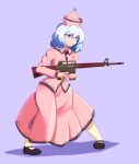  1girl absurdres ar-10 bangs battle_rifle black_footwear blue_eyes blue_hair closed_mouth english_commentary eyebrows_visible_through_hair full_body gun highres holding holding_weapon julian_belkan long_sleeves looking_at_viewer merlin_prismriver pink_headwear pink_shirt pink_skirt purple_background rifle shirt short_hair simple_background skirt solo standing touhou weapon 