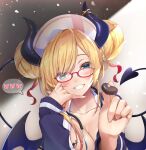  1girl bangs bat_tattoo blonde_hair blue_eyes blue_jacket blush breast_tattoo breasts candy chocolate cleavage commentary_request demon_girl demon_horns demon_tail demon_wings double_bun food glasses grin hair_bun hat heart heart-shaped_chocolate highres holding holding_chocolate holding_food hololive horn_ornament horns incoming_food jacket large_breasts long_sleeves looking_at_viewer makinan multicolored_hair nurse_cap off_shoulder open_clothes open_jacket red_hair smile solo speech_bubble streaked_hair swept_bangs tail tail_raised tattoo virtual_youtuber wings yuzuki_choco 