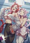  2girls animal_ears avatar_(ff14) bag blue_eyes blurry blurry_foreground breasts camera_phone casual cat_ears cat_tail closed_eyes facial_mark fang final_fantasy final_fantasy_xiv green_eyes handbag heterochromia highres kio_naoki large_breasts long_hair miqo&#039;te motion_blur multicolored_hair multiple_girls no_bra open_mouth pink_hair red_hair sabrith_ebonclaw scar scar_across_eye scar_on_face scar_on_nose slit_pupils surprised tail tayelle_ebonclaw thighhighs two-tone_hair underboob whisker_markings white_legwear 