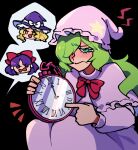  3girls analog_clock angry aqua_dress aqua_headwear black_background blonde_hair blush bow chibi chibi_inset clock dress frown furrowed_brow green_eyes green_hair hair_bow hair_over_one_eye hakurei_reimu hakurei_reimu_(pc-98) hat hat_bow iganashi1 kazami_yuuka kazami_yuuka_(pc-98) kirisame_marisa kirisame_marisa_(pc-98) long_hair looking_at_viewer lotus_land_story medium_hair multiple_girls nightcap nightgown one_eye_covered open_mouth orange_eyes oversized_object pocket_watch pointing purple_eyes purple_hair purple_headwear red_bow roman_numeral simple_background speech_bubble star_(symbol) tearing_up touhou touhou_(pc-98) upper_body watch white_bow witch_hat 