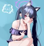  1girl animal_ear_fluff animal_ears bangs bare_shoulders bikini black_bikini black_hair blue_archive blue_background cat_ears closed_mouth collarbone crossed_legs dot_nose extra_ears feet_out_of_frame flat_chest frilled_bikini frills frown halo hand_on_own_chest hand_on_own_chin head_rest highres long_hair looking_at_viewer navel red_eyes serika_(blue_archive) sitting solo swimsuit twintails yamataito04 