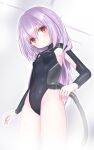  1girl atsuko_(blue_archive) black_leotard black_sleeves blue_archive blush breasts from_below groin highleg highleg_leotard highres indoors langley1000 leotard long_hair looking_down purple_hair red_eyes shower_head small_breasts solo thighs wet wet_clothes 
