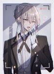  &gt;_o 1boy absurdres bambi-25 bangs bedivere_(fate) bedivere_(silver_butler)_(fate) black_jacket butler collared_shirt cross_tie drawn_ears face_filter fate/grand_order fate_(series) formal gloves green_eyes grey_vest hair_between_eyes hair_tubes highres jacket light_blush long_hair long_sleeves male_focus official_alternate_costume one_eye_closed outside_border ponytail prosthesis prosthetic_arm recording shirt solo teeth upper_body vest viewfinder white_gloves white_shirt yawning 