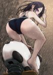  1girl ass back barefoot black_hair black_swimsuit cameltoe highres long_hair looking_at_viewer mochoi_soku one-piece_swimsuit original purple_eyes riding school_swimsuit solo spring_rider swimsuit v 