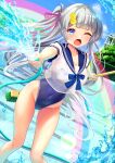  1girl absurdres bangs big_mouth blue_eyes blunt_bangs blush breasts broom cleavage covered_navel empty_pool flower grey_hair groin hair_flower hair_ornament hair_ribbon highleg highleg_swimsuit highres holding holding_broom holding_hose hose large_breasts long_hair moe2022 neck_ribbon one-piece_swimsuit one_eye_closed open_mouth original outdoors pool rainbow ribbon school_uniform see-through see-through_shirt serafuku shouting sky solo spraying summer swimsuit swimsuit_under_clothes tree two_side_up v-shaped_eyebrows very_long_hair water yoko-ya_manjirou 