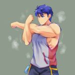  1boy bara blue_eyes blue_hair fire_emblem fire_emblem:_path_of_radiance fire_emblem:_radiant_dawn highres hood hood_down hoodie ike_(fire_emblem) male_focus muscular muscular_male pants pectorals short_hair sidepec sleeveless sleeveless_hoodie solo sportswear steaming_body subasame sweat track_pants 