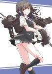  1girl adapted_turret ass black_hair black_legwear black_skirt black_vest blue_ribbon cannon commentary_request fuji_(pixiv24804665) gloves hayashio_(kancolle) highres kantai_collection kneehighs loafers long_hair looking_at_viewer machinery panties pleated_skirt red_eyes ribbon shirt shoes skirt solo turret underwear vest white_gloves white_panties white_shirt 