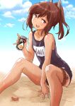  1girl blue_sky brown_eyes brown_hair can cloud commentary_request crab flat_chest fuji_(pixiv24804665) highres i-401_(kancolle) kantai_collection looking_at_viewer name_tag ponytail school_swimsuit short_hair sitting sky smile solo swimsuit swimsuit_under_clothes tan tanlines 