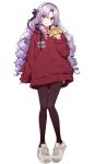  1girl :t bangs blush brown_legwear burger drill_hair eating food food_on_face full_body hair_between_eyes hair_ribbon hairband hand_up highres holding holding_food hood hoodie hyakumantenbara_salome long_hair long_sleeves mia_(fai1510) nijisanji pantyhose purple_eyes purple_hair purple_hairband purple_ribbon red_hoodie ribbon shoes simple_background solo very_long_hair virtual_youtuber white_background 