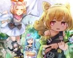  4girls anger_vein animal_ears ash_blossom_&amp;_joyous_spring barefoot blonde_hair blue_hair breasts brown_hair cleavage closed_eyes commentary commission cone_hair_bun dog_ears dog_tail duel_monster floating forehead full_body gameplay_mechanics green_sweater grey_hair hair_bun hatano_kiyoshi highres holding holding_staff japanese_clothes kimono multiple_girls nervous outdoors overalls red_eyes ribbon short_kimono skeb_commission staff sweater tail tongue tongue_out witchcrafter_haine witchcrafter_madame_verre witchcrafter_potterie yu-gi-oh! 