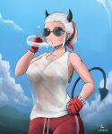  1girl absurdres adrawerer demon_girl demon_horns demon_tail drinking gloves helltaker highres horns justice_(helltaker) red_gloves red_shorts shirt shorts sky sunglasses sweat tail wet wet_clothes white_hair white_shirt 