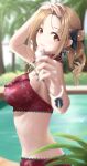  1girl absurdres arm_up bangle beads bikini blurry blurry_background blurry_foreground blush bracelet breasts brown_eyes brown_hair floral_print frilled_bikini frills from_side hair_beads hair_ornament hair_ribbon hand_on_own_head highres holding ichikawa_hinana idolmaster idolmaster_shiny_colors jewelry lace-trimmed_bikini lace_trim large_breasts leaf looking_at_viewer midriff nail_polish oka_yuto outdoors red_bikini ribbon sidelocks smile solo swimsuit wet 