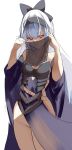  1girl 21-28 absurdres bangs bare_shoulders black_bow black_hairband black_veil blue_hair blush bow breasts closed_mouth collarbone covering_mouth dress eyebrows_visible_through_hair feet_out_of_frame girls&#039;_frontline hair_bow hairband highres holding_veil long_hair looking_at_viewer medium_breasts no_panties official_alternate_costume purple_dress red_eyes smile solo standing tokarev_(girls&#039;_frontline) tokarev_(griffin&#039;s_dancer)_(girls&#039;_frontline) white_background 