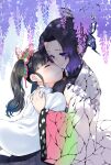  2girls bangs black_hair black_skirt blunt_bangs blush breasts butterfly_hair_ornament cape closed_eyes closed_mouth clothes_grab colored_tips comforting commentary_request crying demon_slayer_uniform flower forehead hair_ornament haori highres hug japanese_clothes kimetsu_no_yaiba kochou_shinobu large_breasts long_sleeves multicolored_hair multiple_girls one_side_up parted_bangs pleated_skirt purple_eyes purple_hair sidelocks skirt smile tears tian_sheng tsuyuri_kanao white_cape wide_sleeves wisteria 