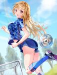  1girl ass ball blonde_hair blue_legwear blue_shirt blue_shorts blue_sky blurry blurry_background character_request day highres kneehighs leg_up long_hair looking_back looking_down midriff motion_blur nanashi_(74_nanashi) print_shirt rainbow shiny shiny_hair shirt shoes short_shorts short_sleeves shorts sky sneakers soccer soccer_ball soccer_field soccer_uniform solo sportswear stomach straight_hair very_long_hair white_footwear yellow_eyes 