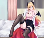  1girl bangs bed black_horns black_legwear black_panties black_skirt black_wings blonde_hair blush breast_tattoo breasts center_frills chinese_commentary cleavage closed_mouth coat collarbone collared_shirt commentary_request demon_girl demon_horns demon_tail demon_wings eyebrows_visible_through_hair foot_out_of_frame frilled_shirt frills garter_straps green_eyes heart heart_tattoo highres hololive horns indoors labcoat lace-trimmed_legwear lace-trimmed_skirt lace_trim large_breasts long_hair looking_at_viewer no_shoes off_shoulder on_bed panties pink_shirt pointy_ears shiny shiny_hair shiny_skin shirt sitting sitting_on_bed skirt sleeveless sleeveless_shirt smile solo tail tattoo thighhighs underwear virtual_youtuber white_coat window wings yeklsa yuzuki_choco 