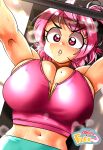  1girl absurdres blush breasts cleavage exercise eyelashes focused from_above frown highres huge_breasts large_breasts light_rays lips lying midriff navel on_back original outstretched_arms pink_eyes pink_hair sasa_tseng sideboob sports_bra staring sweat weightlifting weights wet workout_clothes 
