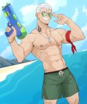  1boy abs bara beach blue_eyes breasts bryan_fury cleavage danshin dog_tags fang gold_bracelet highres large_breasts large_pectorals male_focus male_swimwear muscular muscular_male pectorals scar short_hair smile solo sunglasses swim_trunks swimsuit tattoo tekken topless_male water_gun white_hair 