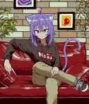  1girl absurdres animal_ears breasts cat_ears cat_girl cat_tail chun_1234567 couch crossed_legs highres hololive hood hoodie looking_at_viewer nekomata_okayu plant potted_plant purple_eyes purple_hair short_hair sitting solo tail virtual_youtuber 
