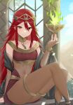  1girl alternate_costume arabian_clothes bangs blue_sky bodystocking bridal_gauntlets closed_mouth cloud collarbone commentary_request cordelia_(fire_emblem) cosplay day fire fire_emblem fire_emblem_awakening fire_emblem_heroes floating floating_object green_fire hair_between_eyes hair_ornament haru_(nakajou-28) highres long_hair looking_at_viewer navel red_eyes red_hair sitting skin_tight sky solo tharja_(fire_emblem) tharja_(fire_emblem)_(cosplay) thighs tiara very_long_hair 