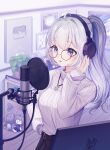  1girl ahoge belt breasts eyebrows_visible_through_hair glasses grey_hair headphones highres indoors ine_(vtuber) jewelry long_hair long_sleeves looking_ahead medium_breasts microphone necklace open_mouth ponytail pop_filter prana_(prana12) purple_eyes recording ribbed_sweater solo sweater sweater_tucked_in turtleneck turtleneck_sweater virtual_youtuber waktaverse white_hair white_sweater youtube_creator_award 