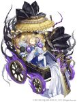  1girl absurdres blonde_hair briar_rose_(sinoalice) closed_eyes cosplay eyebrows_visible_through_hair full_body fur_trim highres ji_no kaguya_(sinoalice) kaguya_(sinoalice)_(cosplay) official_art parasol pillow polearm sinoalice skull sleeping solo square_enix stroller stuffed_toy thorns umbrella weapon white_background wide_sleeves 