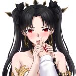  1boy 1girl bangs biting black_bow black_hair blood blush bow breasts chinese_commentary commentary_request earrings eyebrows_visible_through_hair fate/grand_order fate_(series) finger_biting finger_in_another&#039;s_mouth fujimaru_ritsuka_(male) hair_bow highres holding_hands hoop_earrings ishtar_(fate) jewelry large_breasts long_hair looking_at_viewer parted_bangs pov red_eyes simple_background solo_focus two_side_up upper_body white_background yeklsa 