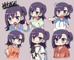  1girl bangs blue_eyes blue_shirt character_name clenched_teeth closed_mouth collared_shirt commentary haaam hood hoodie light_blush long_hair long_sleeves looking_at_viewer looking_to_the_side miyauchi_hikage multiple_views non_non_biyori open_mouth purple_background purple_hair shirt short_sleeves side_ponytail simple_background smile surprised teeth thumbs_up upper_body white_shirt 