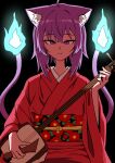  1girl absurdres animal_ears black_background cat_ears cat_girl cat_tail chun_1234567 fire highres hololive instrument japanese_clothes kimono looking_at_viewer multiple_tails nekomata_okayu purple_eyes sash shamisen simple_background smile solo tail virtual_youtuber 