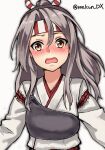  1girl brown_eyes grey_hair hachimaki headband high_ponytail kantai_collection long_hair looking_at_viewer makun_dx muneate one-hour_drawing_challenge simple_background solo twitter_username upper_body white_background zuihou_(kancolle) 