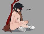  1girl black_hair blue_eyes brown_cloak cloak closed_mouth english_text eyebrows_visible_through_hair grey_background hair_between_eyes hong_doo kill_la_kill matoi_ryuuko multicolored_hair naked_cloak planted planted_sword red_hair scissor_blade shoes short_hair simple_background sitting sneakers solo streaked_hair sword torn torn_cloak torn_clothes weapon white_footwear 