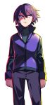  1boy backlighting bangs black_jacket closed_mouth commentary_request frown grey_pants hair_between_eyes highres jacket looking_at_viewer male_focus pants paul_(pokemon) pokemon pokemon_(anime) pokemon_dppt_(anime) purple_hair purple_vest short_hair simple_background solo standing tuze111 vest white_background 