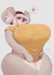  &lt;3 2022 anthro big_breasts black_eyes blush bottomless breasts brie_(vetarix) clothed clothing ear_piercing facial_piercing female fur grey_body grey_fur hi_res huge_breasts huge_thighs inner_ear_fluff koala looking_at_breasts looking_down low-angle_view mammal marsupial nipple_piercing nipples nose_piercing piercing pineconedraws portrait shirt simple_background smile solo thick_thighs three-quarter_portrait topwear translucent translucent_clothing tuft vombatiform white_background wide_hips yellow_clothing yellow_shirt yellow_topwear 