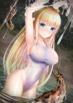  1girl absurdres arms_up blonde_hair blurry breasts chinese_commentary commentary_request competition_swimsuit covered_navel depth_of_field green_eyes highleg highleg_swimsuit highres large_breasts long_hair mixed-language_commentary one-piece_swimsuit original restrained slime_(substance) slug swimsuit wading water white_swimsuit yokami 