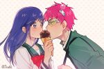  1boy 1girl bangs blue_eyes blue_hair blush bow bowtie cako_(a_ben) commentary_request dotted_background eye_contact food glasses green_eyes hair_ornament holding holding_food ice_cream long_hair long_sleeves looking_at_another open_mouth pink_hair red_bow red_bowtie saiki_kusuo saiki_kusuo_no_psi_nan school_uniform serafuku sidelocks sweatdrop teruhashi_kokomi twitter_username 