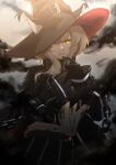  1girl animal_ears arknights black_coat black_gloves book cat_ears chain coat commentary cuffs darkness ears_through_headwear floating floating_book floating_object gloves grey_hair hat haze_(arknights) highres q_89umi shackles slit_pupils smile witch_hat yellow_eyes 
